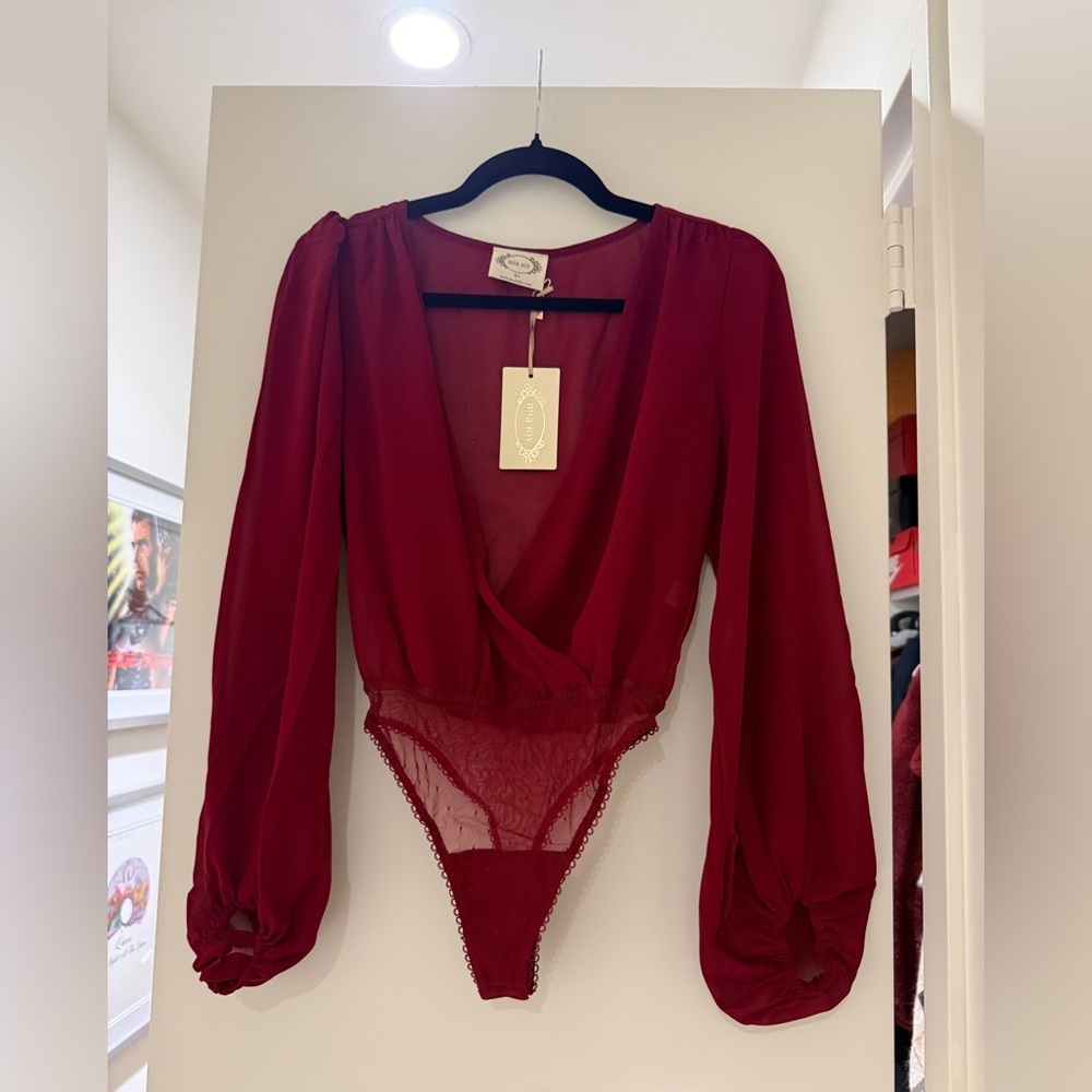 NWT mia joy sheer burgundy red bodysuit in size XS